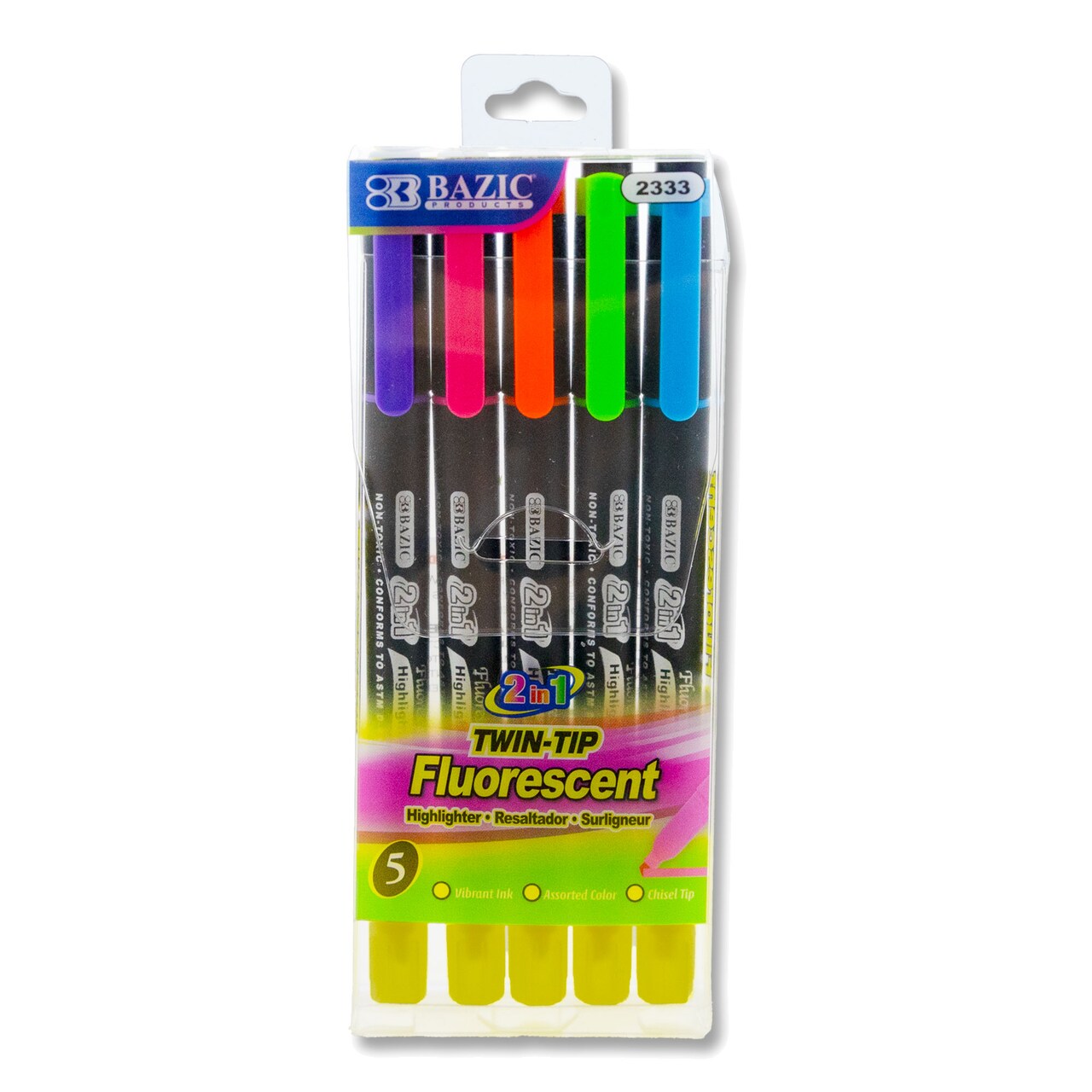 BAZIC Twin-Tip Fluorescent Highlighters, 5-Pack, Assorted, 24-Pack